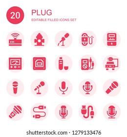 plug icon set. Collection of 20 filled plug icons included Modem, Hydrant, Microphone, Wire, Voltmeter, Ethernet, Usb, Electric car, Usb cable