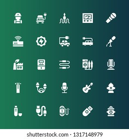 plug icon set. Collection of 25 filled plug icons included Hydrant, Usb, Wire, Electric, Microphone, Cable, Voltmeter, Connector, Green power, Electric car, Energy, Modem, Electrician