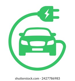 Plug icon symbol and electric car, hybrid vehicle charging point logo. Green energy and eco-friendly car concept, charger connector and charging station icon. vector illustration