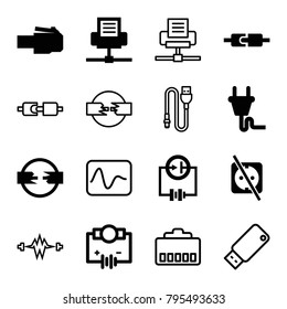 Plug icons. set of 16 editable filled and outline plug icons such as electricity, phone cable, phone connection cable, cable, electricity, wire