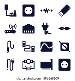 plug icons set. Set of 16 plug filled icons such as wire, usb drive, router, electricity, Electricity, phone cable, phone connection cable