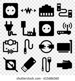 Plug icons set. set of 16 plug filled icons such as wire, usb drive, router, electricity, Electricity, phone cable, phone connection cable