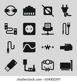 Plug icons set. set of 16 plug filled icons such as wire, usb drive, electricity, electricity, phone cable, phone connection cable