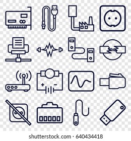 Plug icons set. set of 16 plug outline icons such as wire, usb drive, router, electricity, electricity, phone cable, phone connection cable