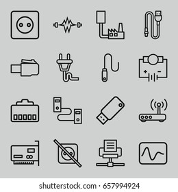 Plug icons set. set of 16 plug outline icons such as wire, usb drive, router, electricity, electricity, phone cable, phone connection cable