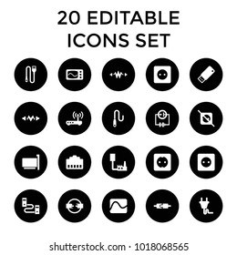 Plug icons. set of 20 editable filled plug icons such as electricity, phone cable, phone connection cable, cable, wire, usb drive. best quality plug elements in trendy style.