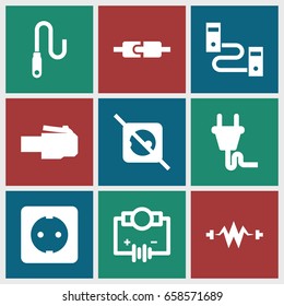 Plug icons set. set of 9 plug filled icons such as wire, electricity, electricity, phone cable