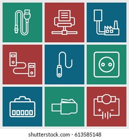 Plug icons set. set of 9 plug outline icons such as plug socket, wire, Electricity, phone cable, phone connection cable