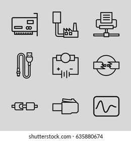 Plug icons set. set of 9 plug outline icons such as wire, electricity, electricity, phone cable, phone connection cable, plug in power socket