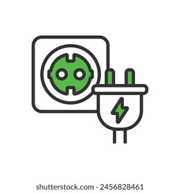 Plug in, in line design, green. Plug in, plug, socket, electrical, outlet on white background vector. Plug in editable stroke icon.