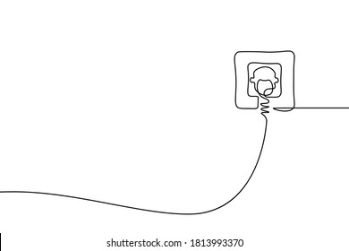 Plug inserted into electric outlet in continuous line art drawing style. Power plug and socket minimalist black linear sketch isolated on white background. Vector illustration