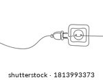 Plug inserting into electric outlet in continuous line art drawing style. Power plug and socket minimalist black linear design isolated on white background. Vector illustration