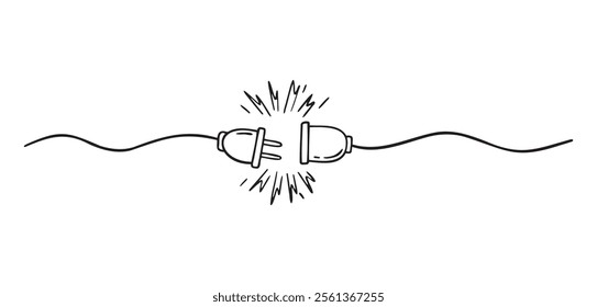 Plug inserting into electric outlet. Power socket disconnect doodle hand drawn icon. Outline drawing 404 error connection concept line clipart symbol. Vector illustration