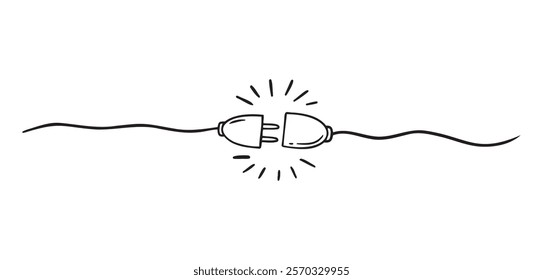 Plug inserting into electric outlet. Power socket disconnect doodle hand drawn icon. Outline drawing 404 error connection concept line clipart symbol. Vector illustration