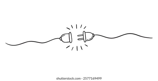 Plug inserting into electric outlet. Power socket disconnect doodle hand drawn icon. Outline drawing 404 error connection concept line clipart symbol. Vector illustration