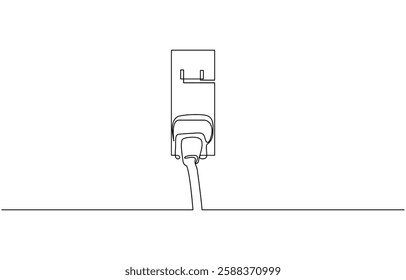 Plug inserting into electric outlet in continuous line art drawing style. Power plug and socket minimalist line, Continuous line art drawing of a plug being inserted into an electric.