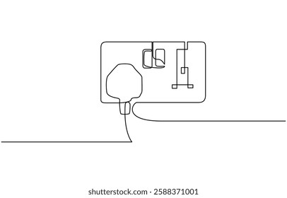 Plug inserting into electric outlet in continuous line art drawing style. Power plug and socket minimalist line, Continuous line art drawing of a plug being inserted into an electric.