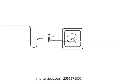 Plug inserting into electric outlet in continuous line art drawing style. Power plug and socket minimalist line, Continuous line art drawing of a plug being inserted into an electric.