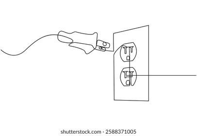 Plug inserting into electric outlet in continuous line art drawing style. Power plug and socket minimalist line, Continuous line art drawing of a plug being inserted into an electric.