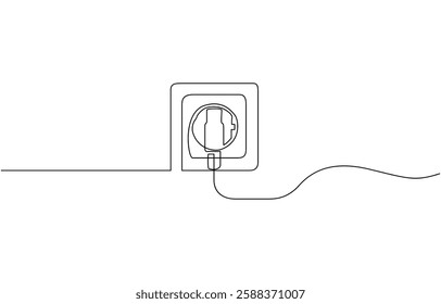 Plug inserting into electric outlet in continuous line art drawing style. Power plug and socket minimalist line, Continuous line art drawing of a plug being inserted into an electric.