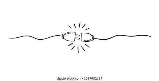 Plug inserting into electric outlet. Power socket disconnect doodle hand drawn icon. Outline drawing 404 error connection concept line clipart symbol. Vector illustration