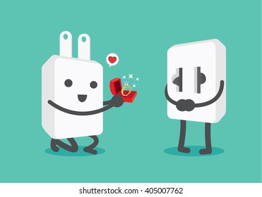 Plug kneeling and propose marriage to socket with diamond ring in red box. This illustration about electric equipment and romantic story