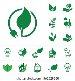 plug with leaf icon, alternative energy set on white background
