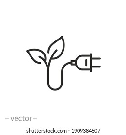 plug with leaf icon, green energy concept, eco power, renewable electricity, thin line symbol on white background - editable stroke vector illustration