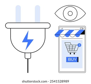 Conecte com um raio ao lado do carrinho de compras na tela do smartphone com os olhos acima. Ideal para compras on-line, comércio eletrônico, energia, tecnologia e vigilância. Estilo simples do vetor moderno