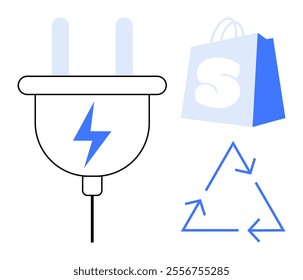 Plug with lightning bolt, shopping bag, and recycling icon emphasizing eco-friendliness and sustainability. Ideal for renewable energy, eco-shopping, recycling, sustainability, green technology