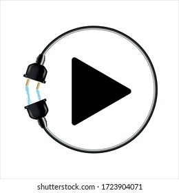 Plug and play icon with black plug and socket, electric shock, play button. RGB EPS vector illustration