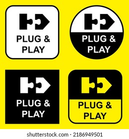 Plug and play sign set for sticker print. Product information vector sign or tag