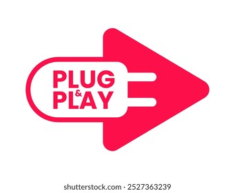 Texto plug and play em fundo de quadro vermelho. ícone plug and play, logotipo plug and play, emblema plug and play. Ilustração vetorial