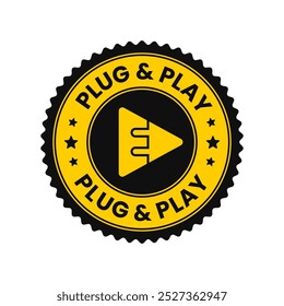 Plug and play texto en círculo amarillo. Plug and play icono, plug and play logo, plug and play insignia. Ilustración vectorial