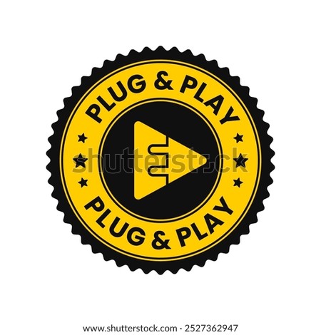 Plug and play text in yellow circle. plug and play icon, plug and play logo, plug and play badge. Vector illustration