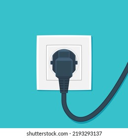 The plug is plugged into the power lines. Black  plug inserted in a wall socket. 
Vector illustration cartoon flat icon isolated on green background.