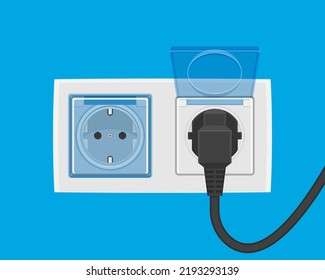The plug is plugged into the power lines. Black  plug inserted in a wall socket ,cover for protection, child proofed system. 
Vector illustration cartoon flat icon isolated on blue background.
