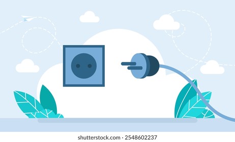 O plugue está plugado nas linhas de energia. Plugue inserido em uma tomada de parede. Tomada elétrica e tomada desplugar. 404 error, Electric wire shock, disconnection, loss of connect (Erro 404, Choque no fio elétrico, desconexão, perda de conexão). Ilustração vetorial