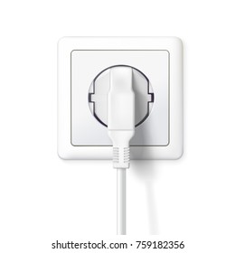 The plug is plugged into the power lines. White plug inserted in a wall socket. Icon of device for connecting electrical appliances, equipment. 3D illustration isolated on white background.