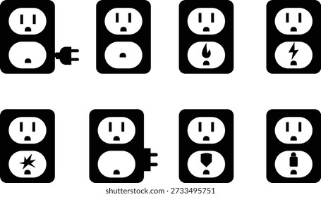 Conjunto de iconos de puerto de enchufe, conector de alimentación y símbolo de conexión USB para Tecnología, tecnología de enchufe de pared, Vector de energía, Plantilla de interfaz de carga, enchufe eléctrico, señal de salida para App, Web, diseño de interfaz de usuario