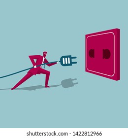 Plug in the power plug. Isolated on blue background.