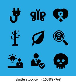 plug, rack, skull, butterfly, manager, search, idea, leaf and awareness ribbon inside a heart vector icon. Simple icons set