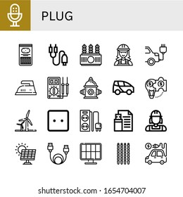 plug simple iconos set. Contiene iconos como Micrófono, Palos, Conector de Jack, Transformador de Energía, Electricista, camión Eléctrico, Hierro, Multimetro, que se pueden utilizar para web, móvil y logotipo