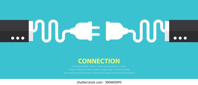 Plug and socket business hand on blue background.Vector illustration. Connection concept. Flat and minimal design