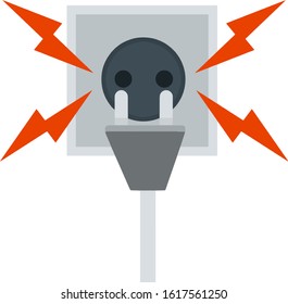 Plug and socket. Electrical equipment on the wall. Red spark and lightning. Broken wire. Damaged device. Fire danger and problem. Cartoon flat illustration