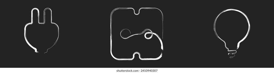 Plug, socket, light bulb vector icon set. Chalk drawing of an electric plug, socket, lantern. Electricity icons in grunge style. Concept of electricity vector.