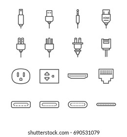 Plug and socket line icon set. Included the icons as electrical plug, usb, socket, audio jack, receptacle and more.