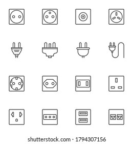 Plug and socket line icons set, outline vector symbol collection, linear style pictogram pack. Signs, logo illustration. Set includes icons as electrical switch, ethernet network connector, cable