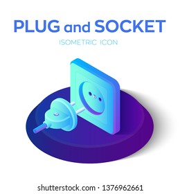 Plug and socket. Power plug and electric socket 3D isometric icon. Ready to connect. Concept of Electrical theme web banner, disconnection, loss of connect, loss of connection. Vector illustration.