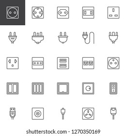 Plug and socket types outline icons set. linear style symbols collection, line signs pack. vector graphics. Set includes icons as Light dimmer switch, wire phone socket, electric connector, usb cable